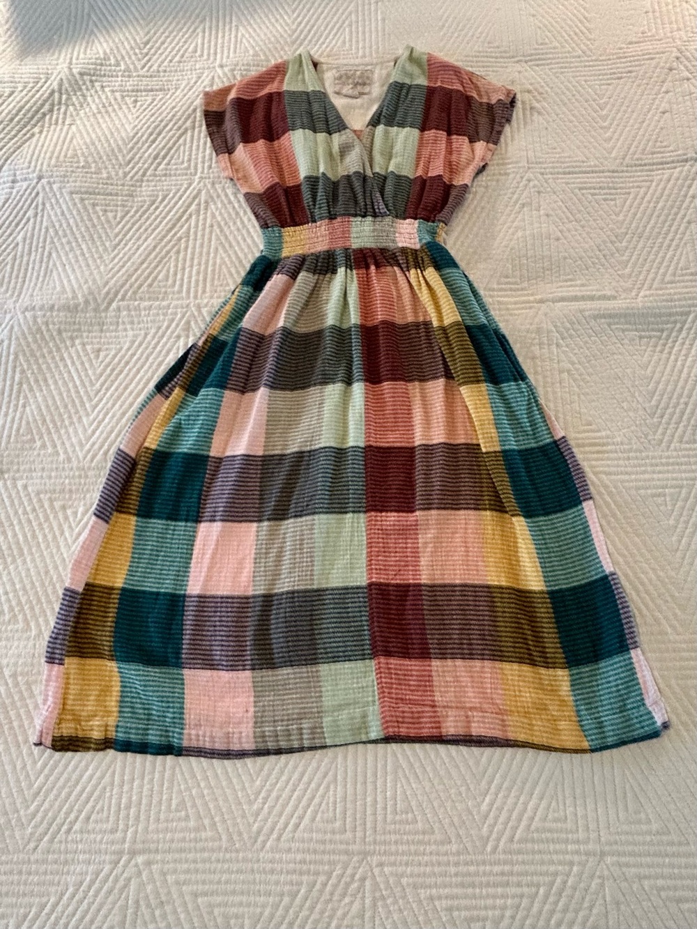 ace & jig XS Multicolor Plaid Cotton Midi A-Line Dress V-Neck Short Sleeve